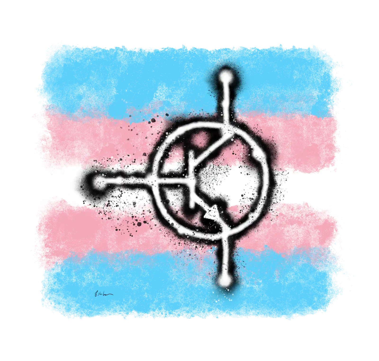 Circuit diagram symbol of an NPN transistor sprayed on a background of trans pride colors