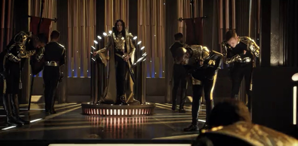 Screenshot of Star Trek Discovery, showing the terran emperor in a throne room