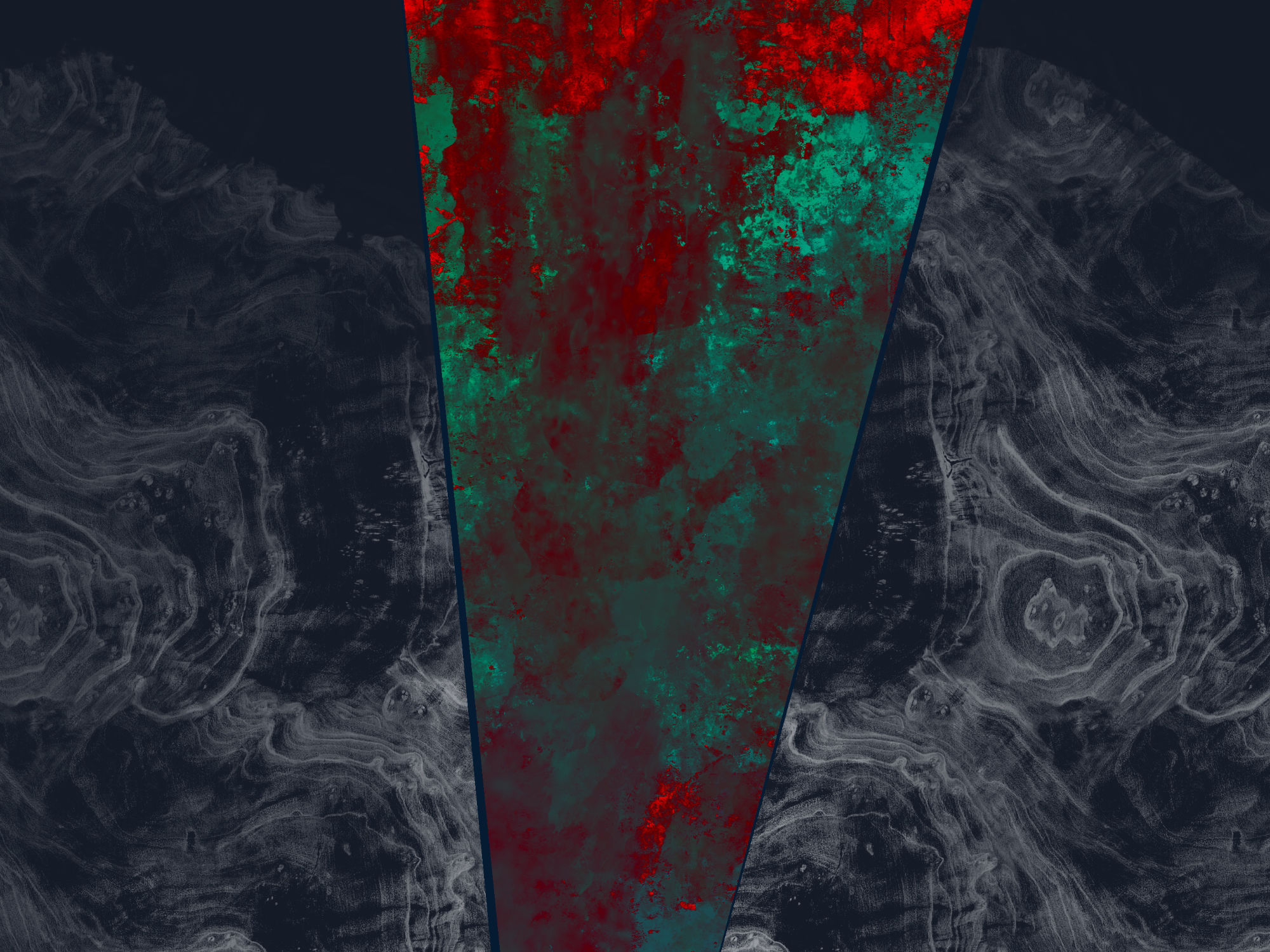 Abstract painting, background: dark blue with grey wood grain texture, foreground: green/red corrosion pattern in a vertical slice in the middle of the frame.