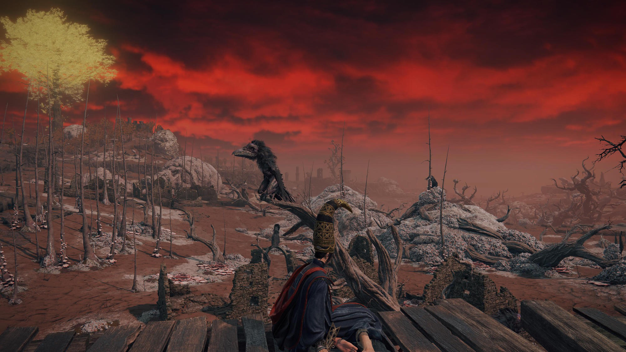 View over the landscape of Caelid in Elden Ring, infested with the Scarlet Rot