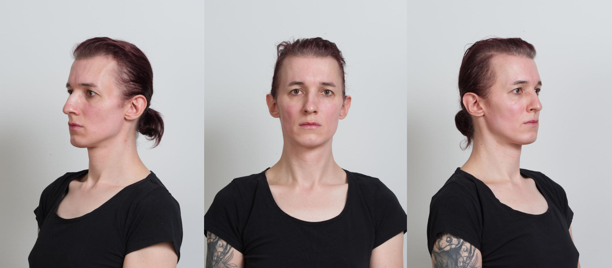 Three shots of my face from different sides in very flat lighting and fully relaxed facial muscles. hair pulled back