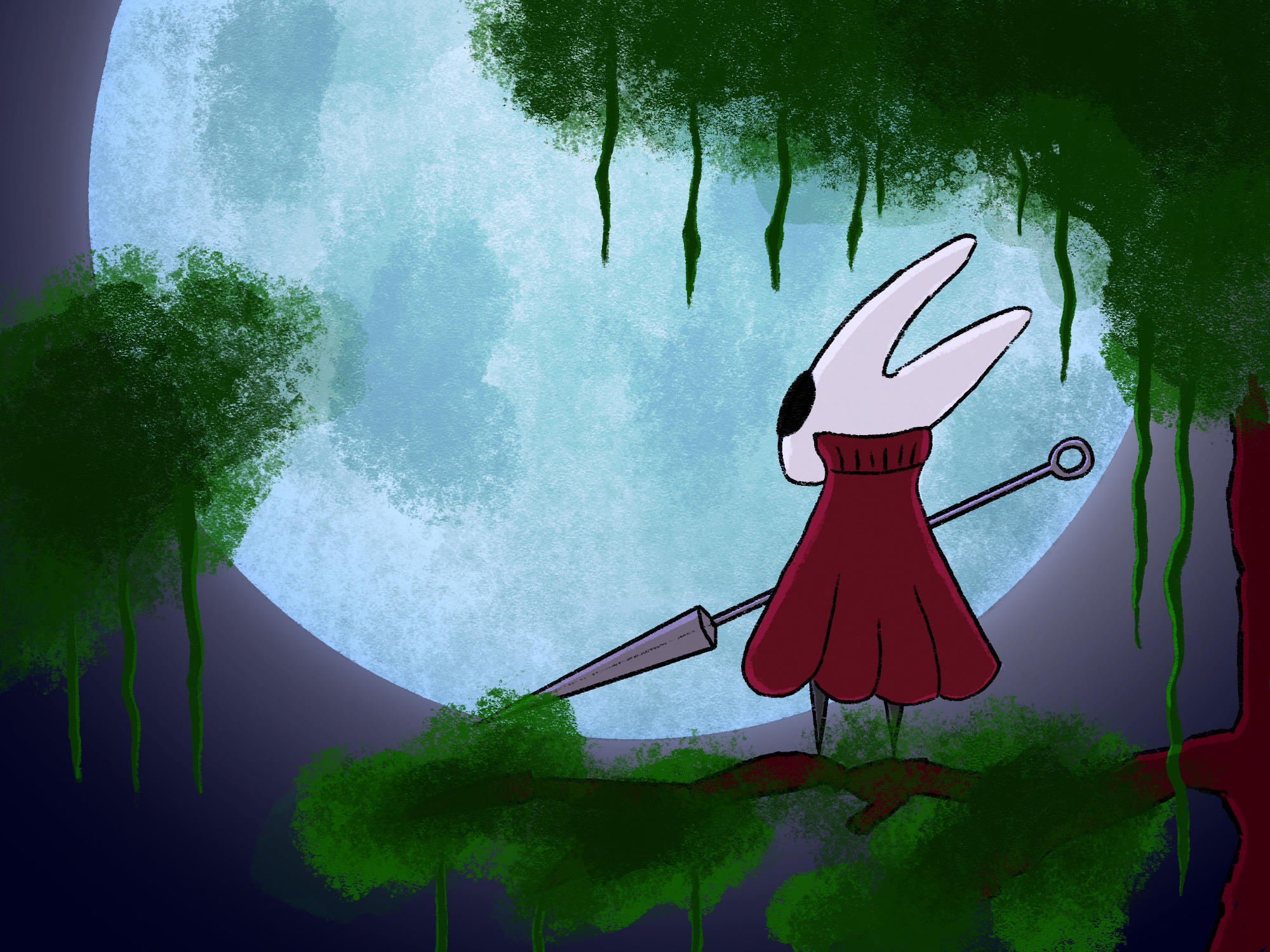 Drawing of hornet from Hollow Knight staying on a tree branch in front of the full moon