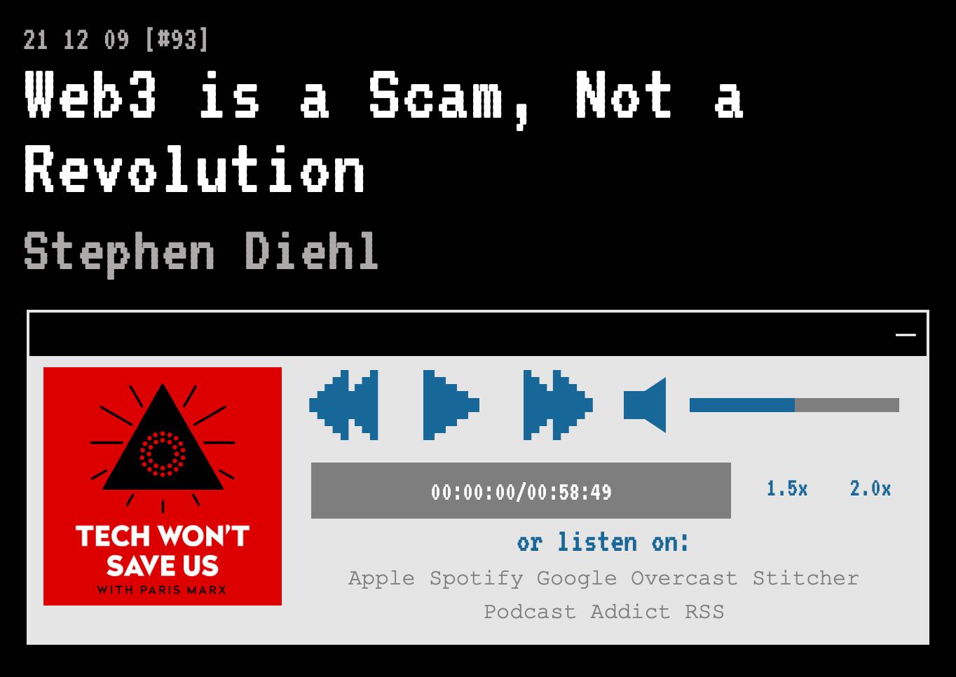 Screenshot of the podcast audio player of the episode, pixelates font and retro-aesthetric player controls