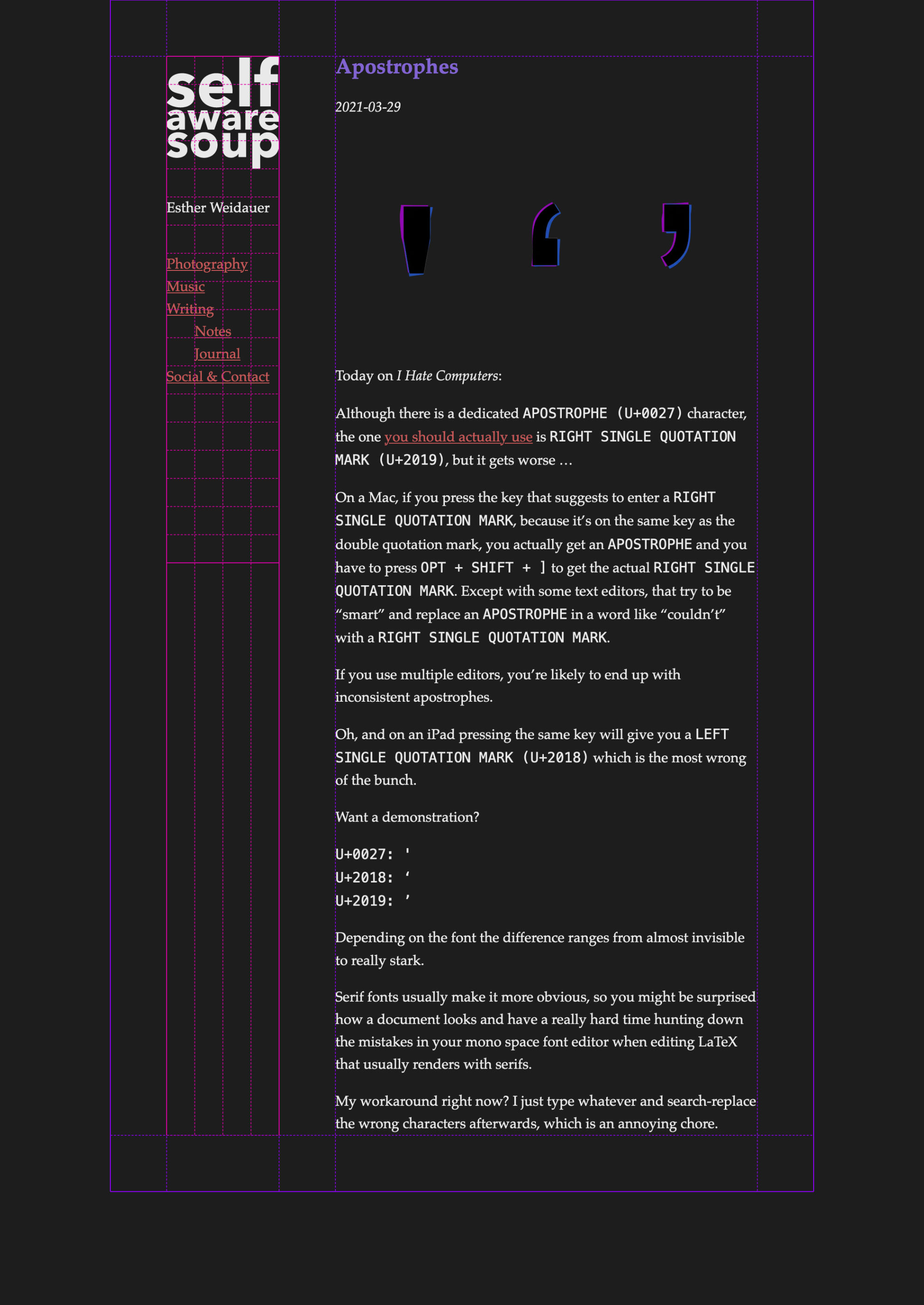 Website screenshot with grid overlay