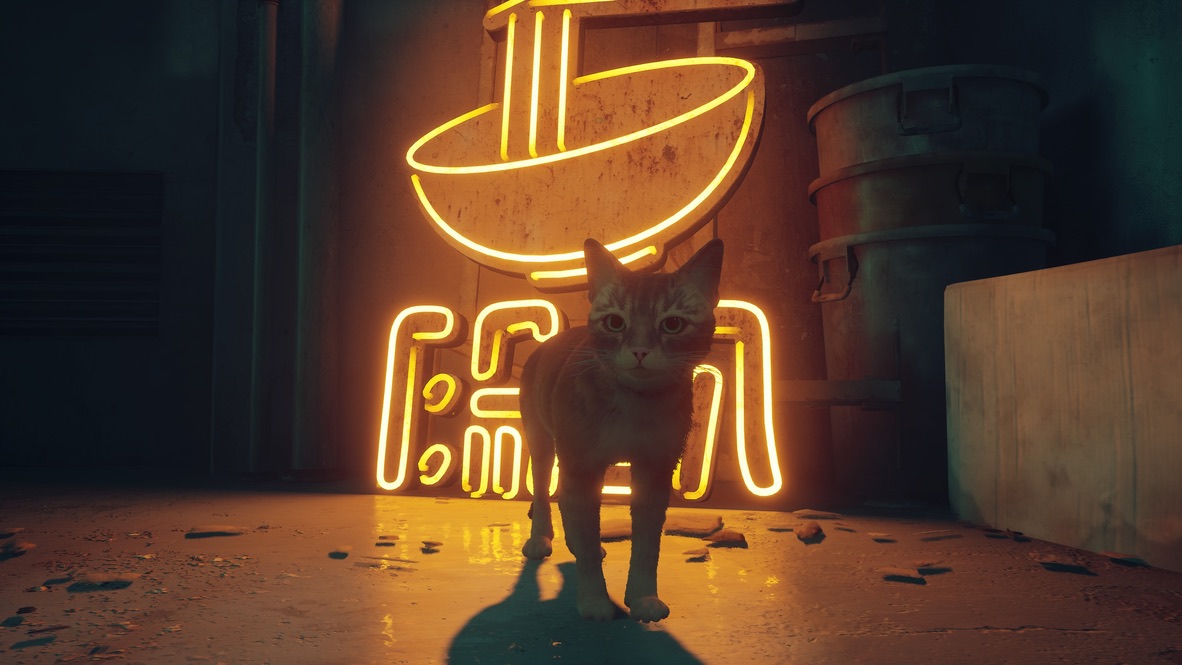 Screenshot from Stray, the cat is standing in front of a yellow neon sign for an abandoned noodle restaurant