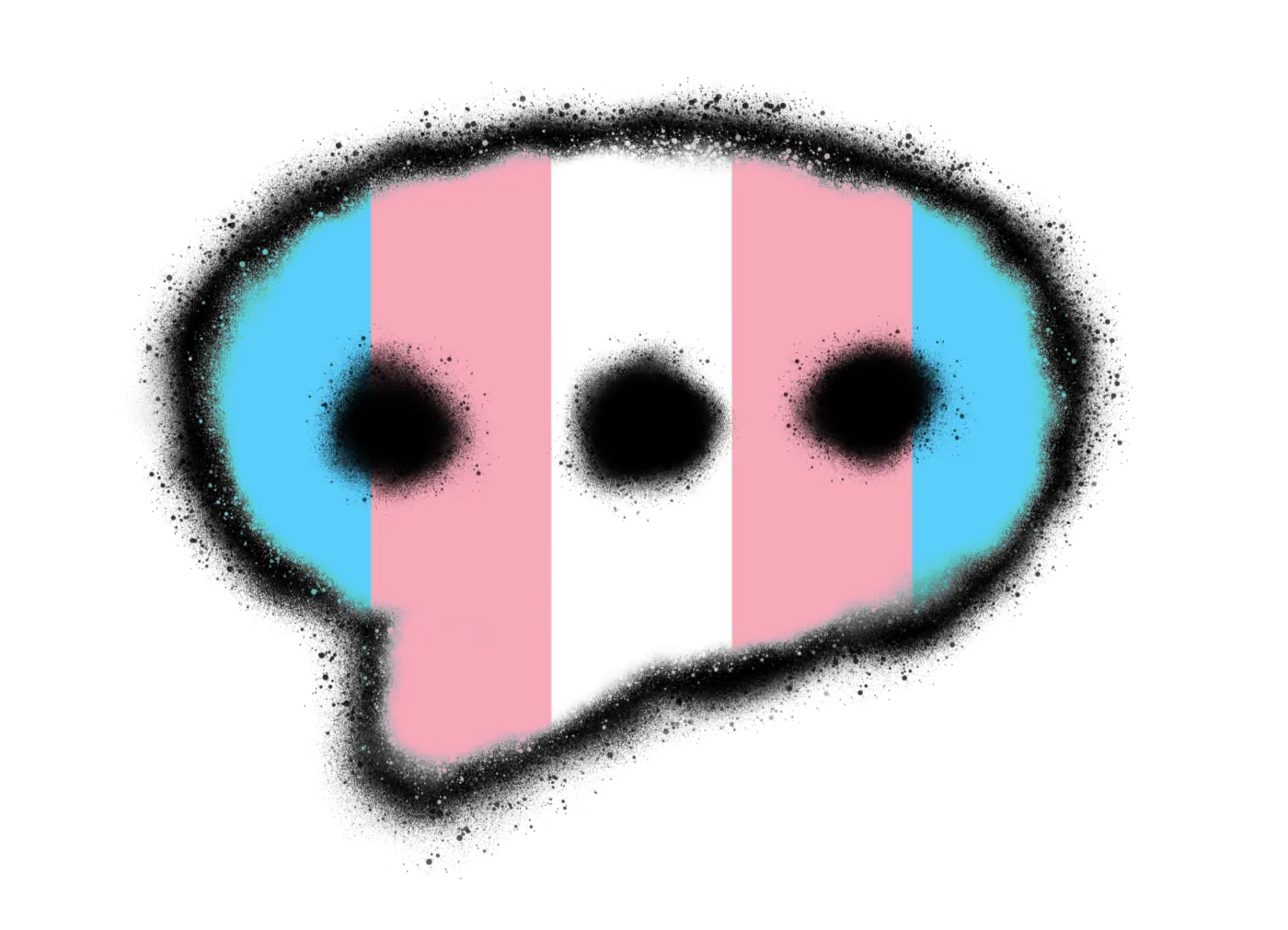 Spray painted speech bubble with three dots in it and an overlay of the trans pride colors