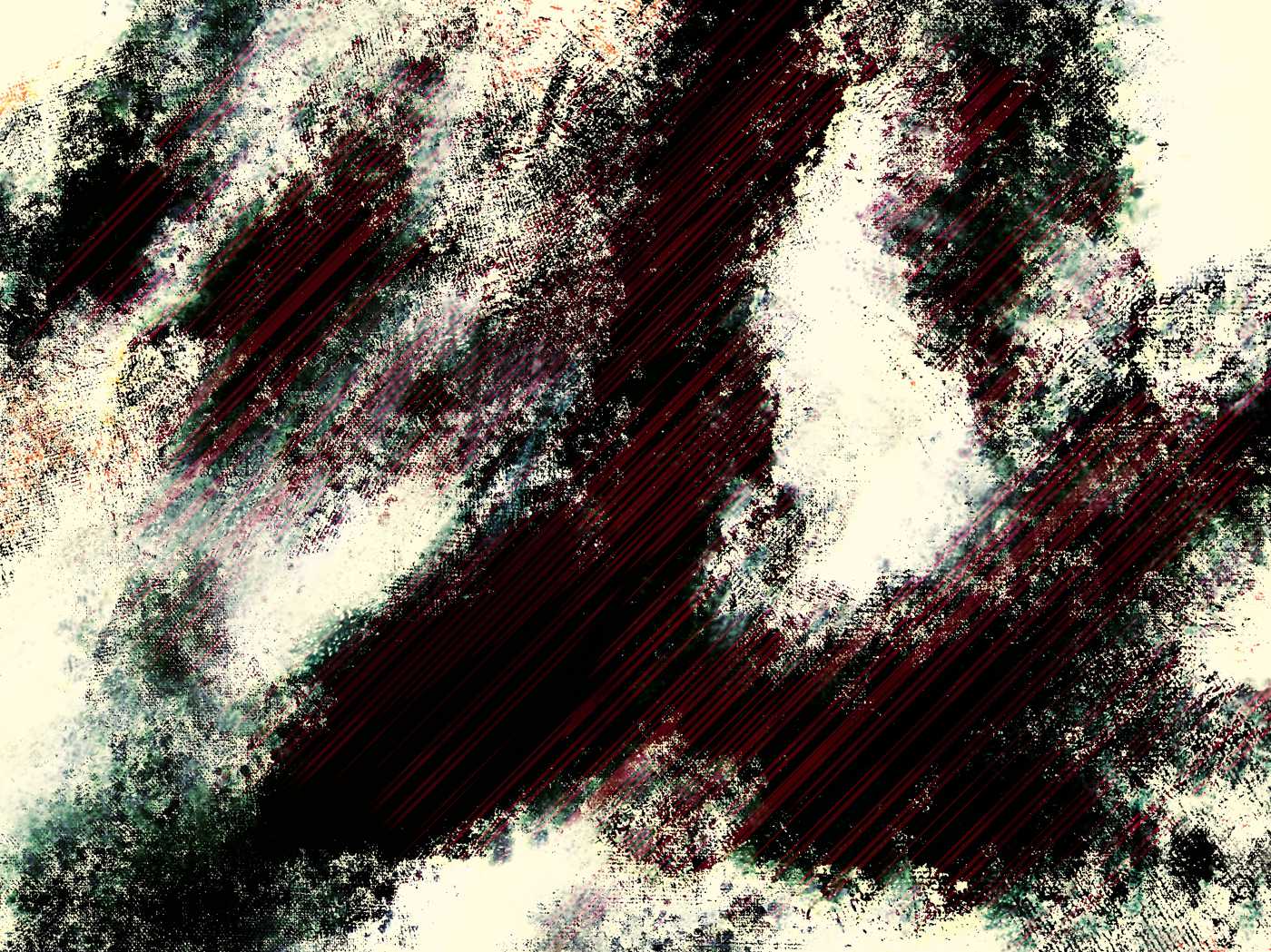 Abstract painting, broken white surface dissolving into a black background with an irregular pattern of thin red lines, edges of the surface are distorted and blurred into various colors.