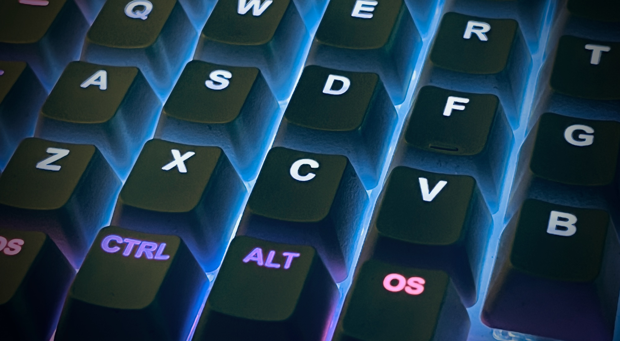 closeup photo of a computer keyboard with blue/pink backlighting
