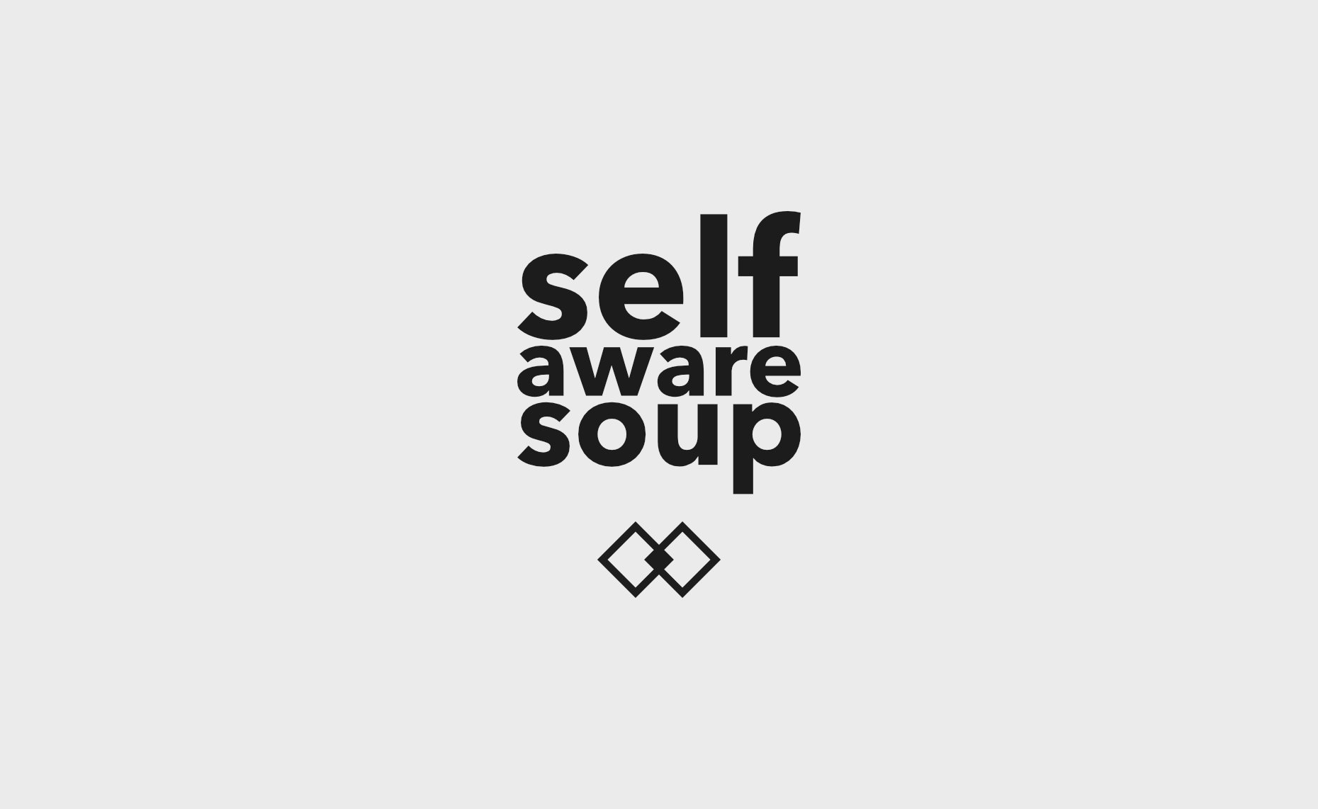 Text logo: "self aware soup", arranged in a square, below a figure of two slightly overlapping squares next to each other