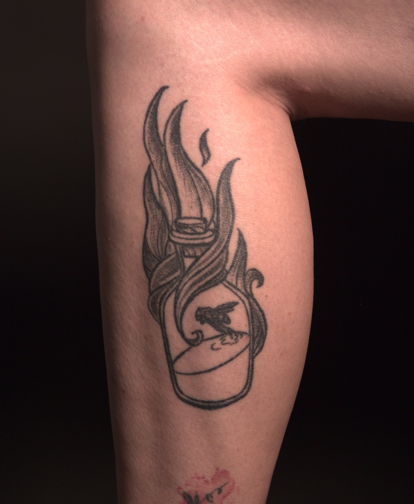 Tattoo of a corked bottle surrounded by flames. there's liquid and a fly inside