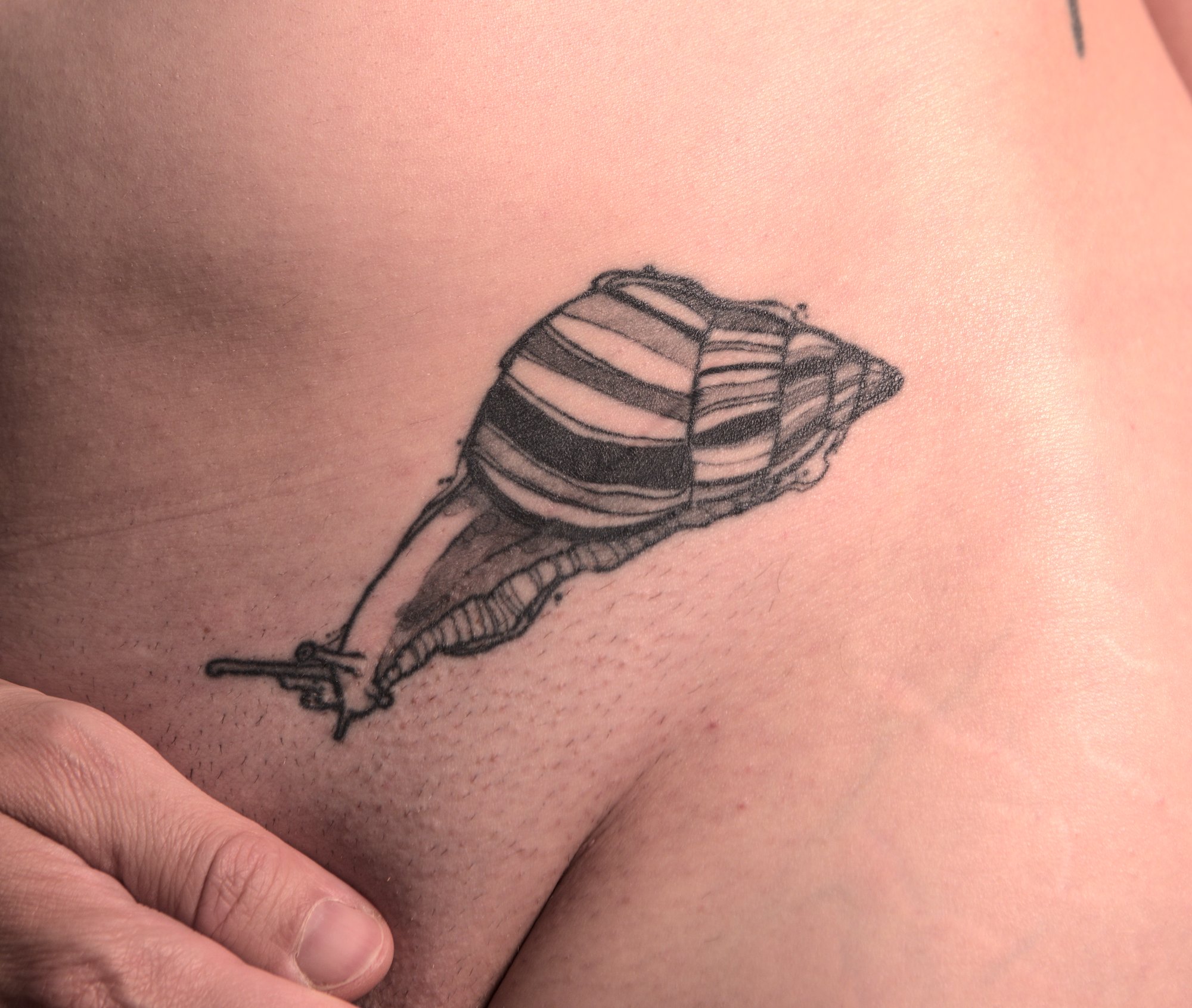 tattoo of a snail above the vulva and left thigh